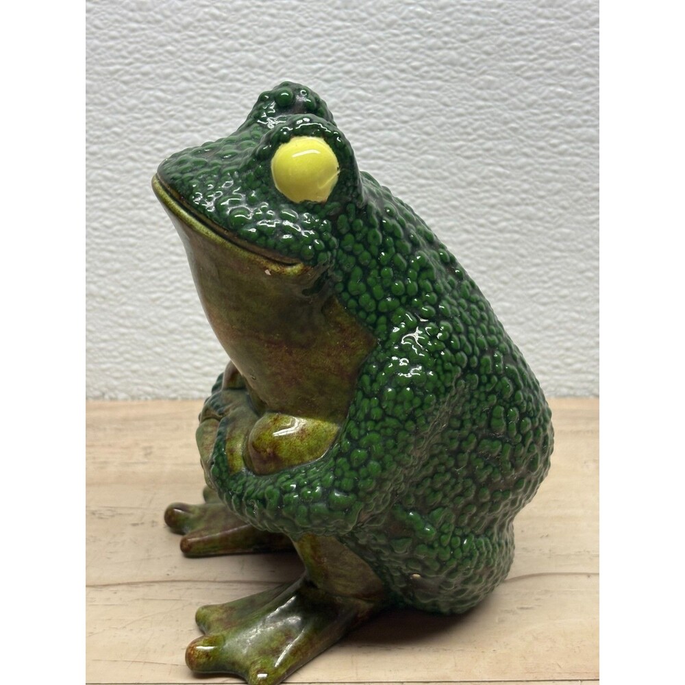 Vtg Green Glazed Ceramic Frog Figurine With Yellow Eyes 7" Tall